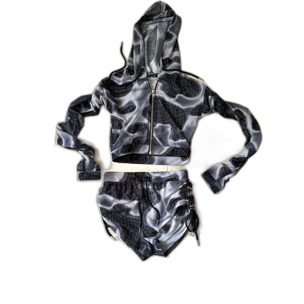 Dolls Kill Poster Grl Sheer Mesh Graphic Zip Hoodie & Shorts Set